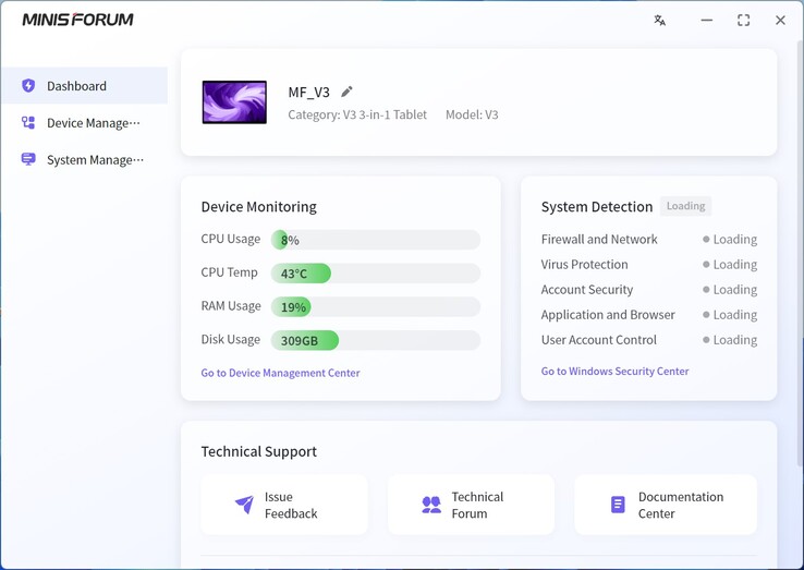 Painel de controle do Minisforum V3