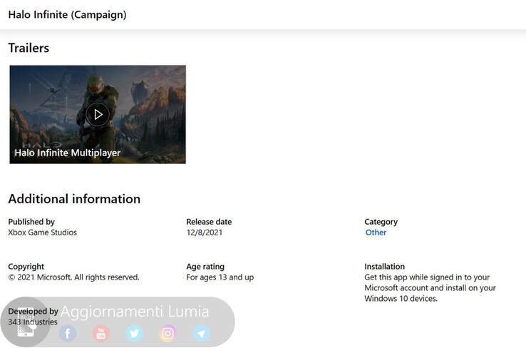Listagem do Halo Infinite Microsoft Store (imagem via Aggiornamenti Lumia)