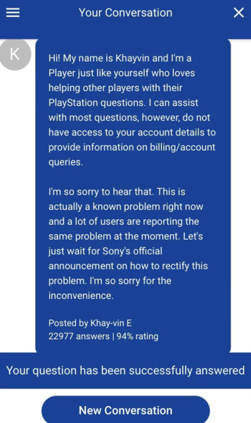 Resposta do suporte do PlayStation (imagem via u/Cheap_Pipe_8578 no Reddit)
