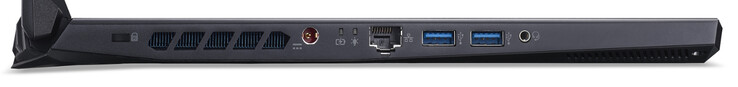 Left side: Kensington lock, power socket, Gigabit Ethernet port, two USB 3.2 Gen 1 (Type-A) port, combination headphone/microphone jack