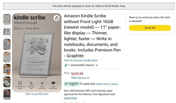 O Kindle Scribe sem Front Light tem a mesma data de lançamento em todas as regiões.