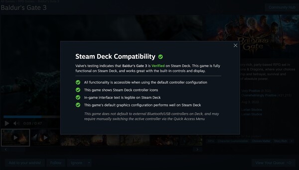 Baldur's Gate 3 Steam Deck verified description (Fonte da imagem: captura de tela, Steam)