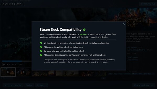 Baldur's Gate 3 Steam Deck verified description (Fonte da imagem: captura de tela, Steam)