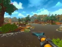 Em Fresh Start Cleaning Simulator, os jogadores usam um dispositivo que combina uma lavadora de alta pressão e um aspirador de pó para remover todos os tipos de detritos da natureza.
