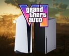 Logotipo do GTA 6 visto acima dos consoles PS5 e Xbox