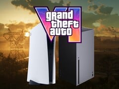 Logotipo do GTA 6 visto acima dos consoles PS5 e Xbox