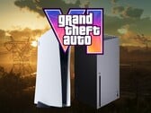 Logotipo do GTA 6 visto acima dos consoles PS5 e Xbox