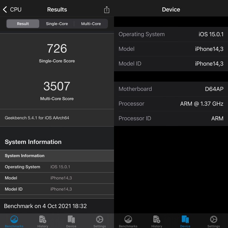 resultado: iPhone 13 Pro Max modo de baixo consumo Geekbench 5. (Imagem: Notebookcheck)