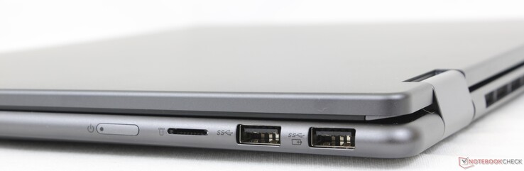 À direita: Botão liga/desliga, leitor MicroSD, 2x USB-A 3.2