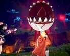 Captura de tela do Palworld mostrando personagens lutando contra um globo ocular flutuante com dentes afiados