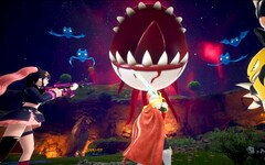 Captura de tela do Palworld mostrando personagens lutando contra um globo ocular flutuante com dentes afiados