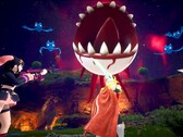 Captura de tela do Palworld mostrando personagens lutando contra um globo ocular flutuante com dentes afiados