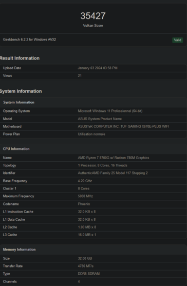 Pontuação Vulkan do AMD Ryzen 7 8700G (imagem via Geekbench)