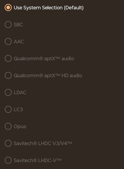 Codecs de áudio Bluetooth disponíveis