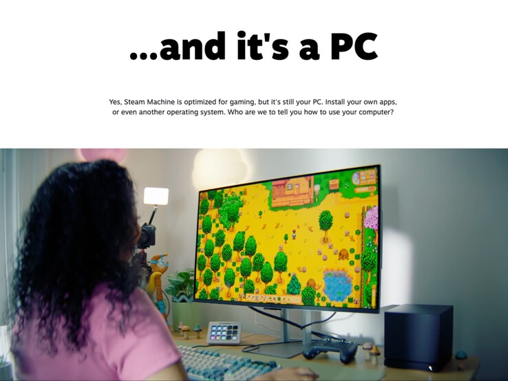 A Steam Machine sendo usada para jogar jogos, mostrando a Valve marcando-a como um dispositivo híbrido.