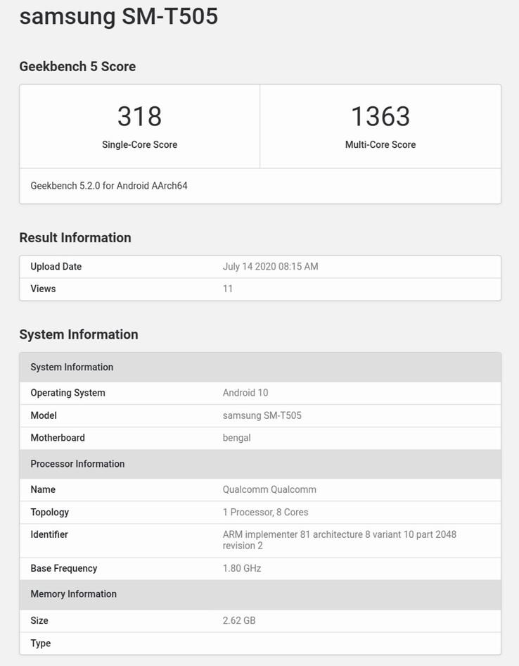 O novo "Samsung tablet" no Geekbench. (Fonte: Geekbench 5 via MyFixGuide)