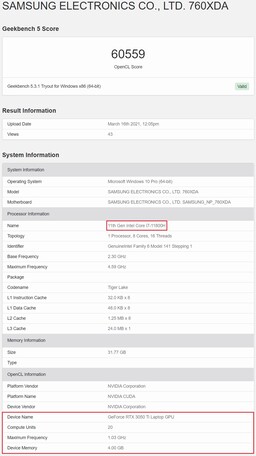 GPU para notebook RTX 3050 Ti. (Fonte de imagem: Geekbench)