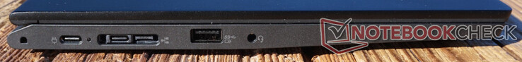 Esquerda: USB-C (10 Gbps, PD), Dock Lateral Lenovo (USB-C (10 Gbps, PD) integrado), USB-A (10 Gbps, sempre ligado), conector 3,5mm (fone de ouvido)