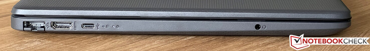 Esquerda: Gigabit ethernet, HDMI, USB-C 3.2 Gen.1 (5 GBit/s), conector de áudio de 3,5 mm