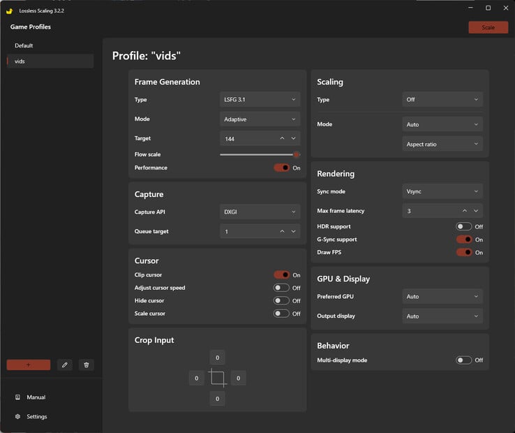 Meu perfil para a geração de quadros com escalonamento sem perdas em jogos, limitado com bom gosto a 2X para títulos bloqueados a 30 ou 60-FPS.