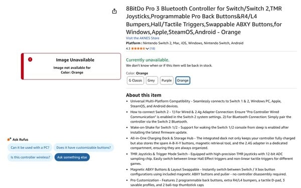 O controle 8BitDo Pro 3 Bluetooth estará disponível na cor laranja, de acordo com esta listagem da Amazon. (Fonte da imagem: Amazon)