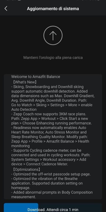 A atualização 3.16.4.3 do Amazfit Balance (Fonte da imagem: Matteo Calori via Facebook)