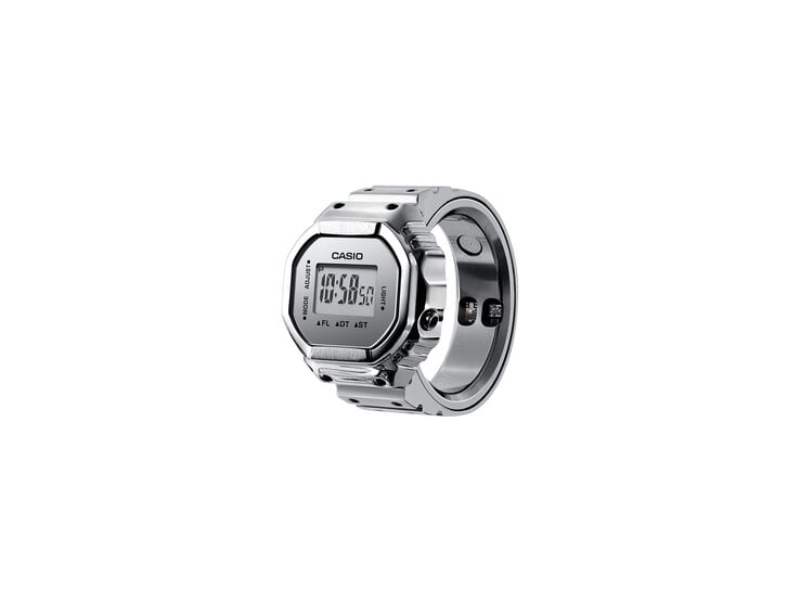 Imagem em ângulo do relógio inteligente Casio CRW-H001M-8 prateado, mostrando o visor digital e os sensores de saúde dentro do anel.