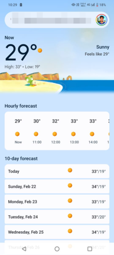Interface do aplicativo Google Weather