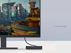 O Mind Pro também vem com uma bateria embutida. Na foto: uma foto promocional mostrando o mini PC rodando Cyberpunk 2077. (Fonte da imagem: Khadas)