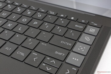 As teclas especiais MyHP são mais claras do que o resto do teclado. Observe o botão de impressão digital dedicado em vez de uma combinação de botão de impressão digital potente