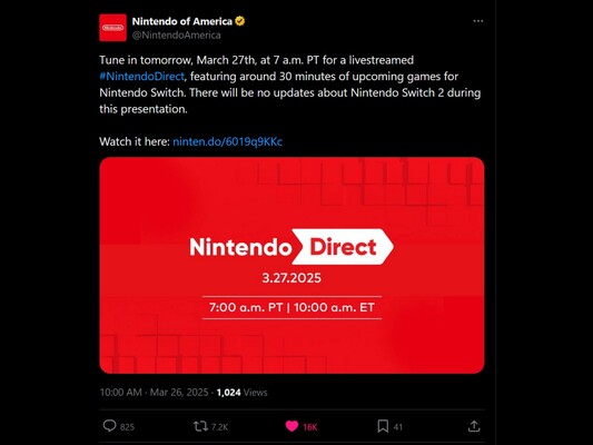 Anúncio Nintendo Direct March 27th X (Fonte da imagem: captura de tela, conta Nintendo of America X)
