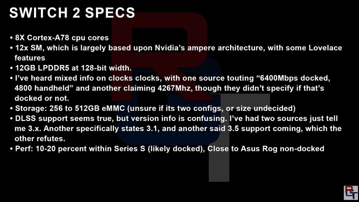 Especificações supostamente "precisas" do Switch 2. (Fonte da imagem: RedGamingTech)