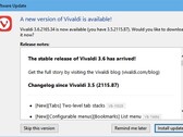 Notificação de atualização do navegador Vivaldi 3.6 (Fonte: Próprio)