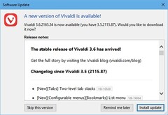Notificação de atualização do navegador Vivaldi 3.6 (Fonte: Próprio)