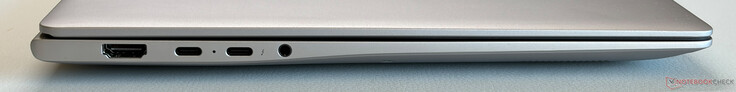 Lado esquerdo: HDMI 2.1 TMDS, USB-C 3.2 Gen. 2 (10 Gbps, DisplayPort, Power Delivery), USB-C 4.0 com Thunderbolt 4 (40 Gbps, DisplayPort, Power Delivery), estéreo de 3,5 mm