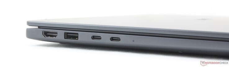 Esquerda: HDMI 2.1, USB-A 3.2 Gen. 1 (5 Gbps), 2x USB-C Thunderbolt 4 com DisplayPort 2.1 + Power Delivery (100 W)