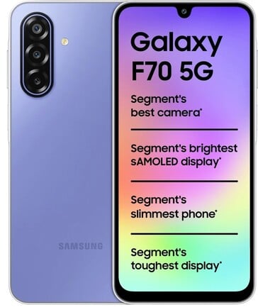 Samsung Galaxy F70 5G em roxo, visto de frente e de trás