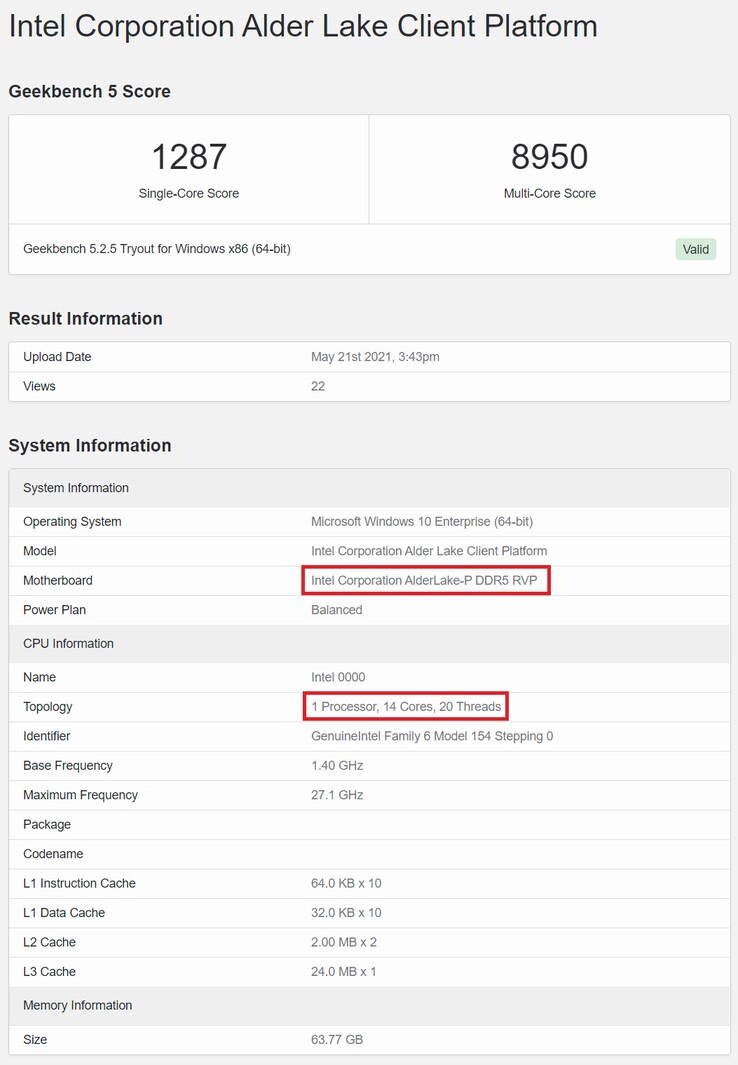 Amostra do Alder Lake-P no Geekbench. (Fonte de imagem: Geekbench)