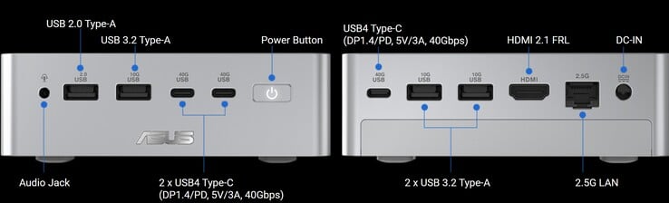 Portas do mini PC Asus Ascent QN10 - frontais e traseiras.