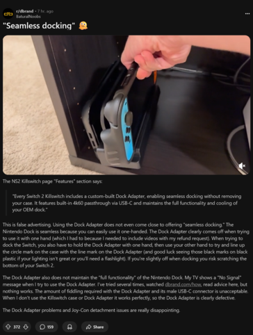 Killswitch Switch 2 case dock issue (Fonte da imagem: captura de tela, Switch 2 subreddit)