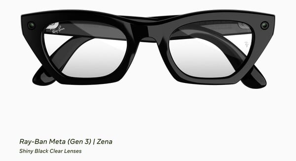 O Ray-Ban Meta (3ª geração) Zena, com armação preta brilhante e lentes transparentes.