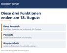 Gráfico que lista os três recursos do Copilot — Pesquisa Aprofundada, Podcasts e bate-papos em grupo —, com validade até 18 de agosto de 2026