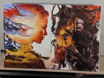 Horizon Zero Dawn (por Ilya Golitsyn) e Witcher 3 (por Grzegorz Domaradzki) obras de arte em tela.