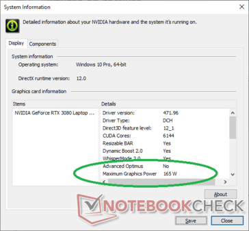 Sistema de informação do sistema Maingear Vector Pro Nvidia reclama um TGP de 165 W