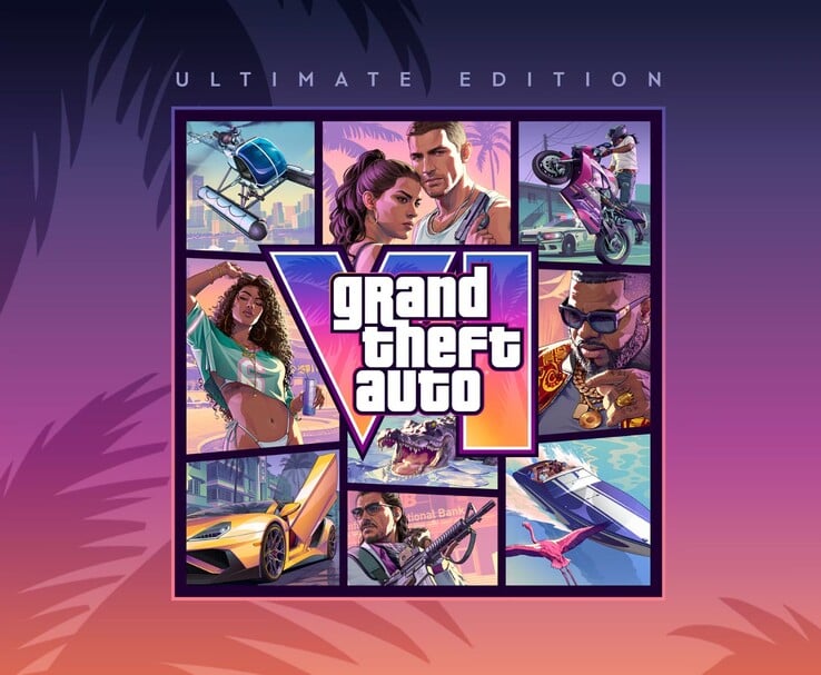 Arte da Ultimate Edition de Grand Theft Auto VI, com personagens, veículos e o logotipo do jogo GTA 6.