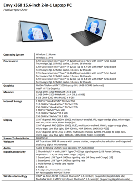 HP Envy x360 Intel de 15,6 polegadas - Especificações. (Fonte: HP)