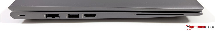 Esquerda: Kensington Nano Security Slot, Ethernet, USB-A 3.2 Gen.1 (5 Gbps, alimentação), HDMI 2.0b, leitor SmartCard
