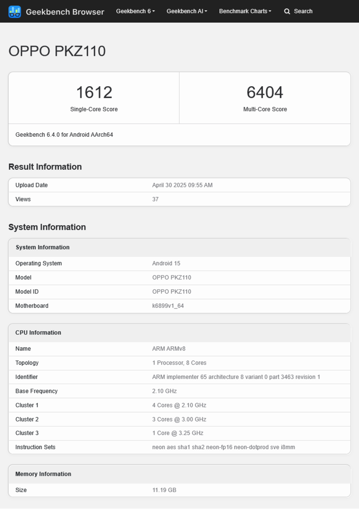 O "Oppo Reno14" aparece em um novo vazamento de benchmarking. (Fonte: Geekbench)