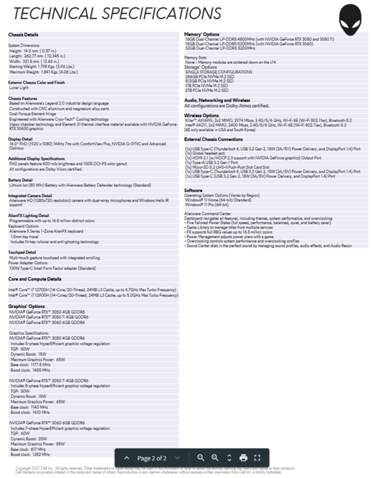 Especificações do Alienware x14 (imagem via Dell)