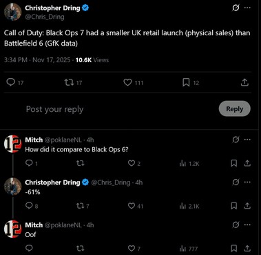 Vendas de Call of Duty: Black Ops 7 no Reino Unido (Fonte da imagem: captura de tela, conta de Christopher Dring X)